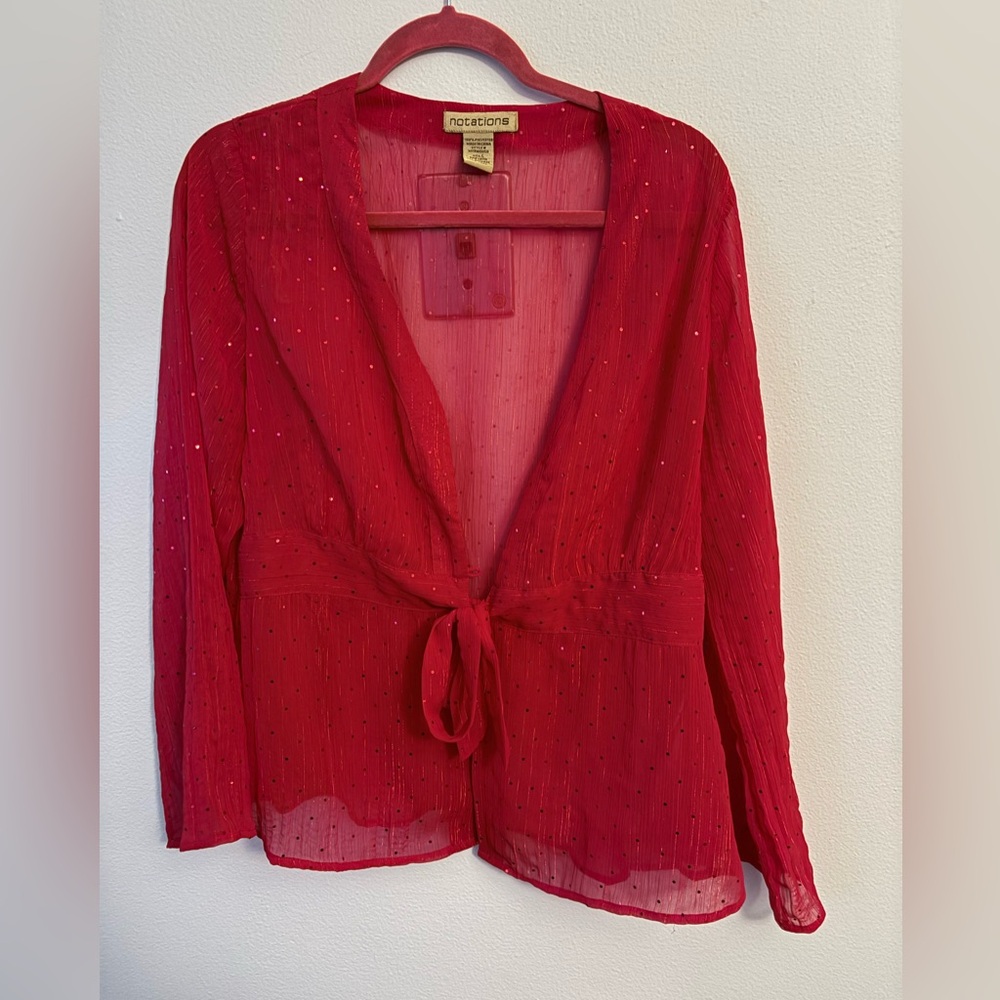 Notations Red 3/4 Sleeve Tie Front Embellished Blouse
